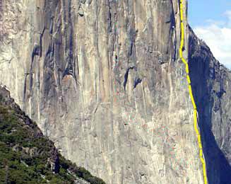 Der El Cap mit 'The Nose' (in Gelb eingezeichnet) - 1000 m senkrechter Granit