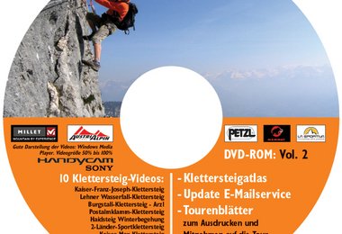 DVD-ROM mit 10 Klettersteigfilmen, Klettersteigatlas und vielen Zusatzinfos..